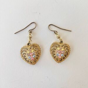 1928 Gold Tone Multicolor Rhinestone
Heart Dangle Hook Earrings